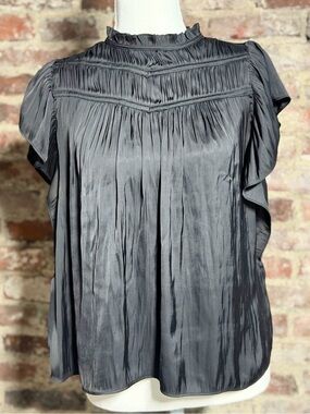 Joie Black Satin Smocked Mock Neck Blouse Flutter Sleeve Ruffle Top Size S Small